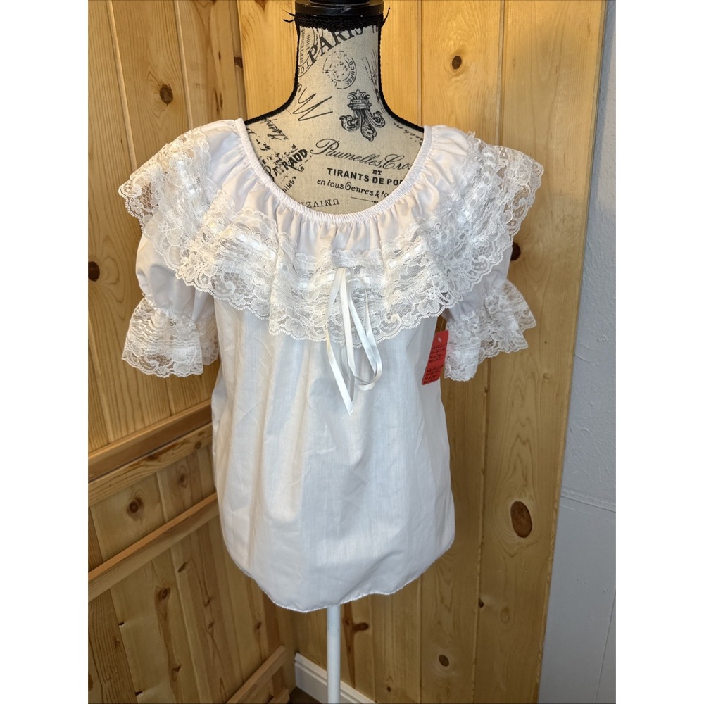 New Square Up Fashions White Lace Trim Dance Top Puff Sleeve Ruffle Small USA